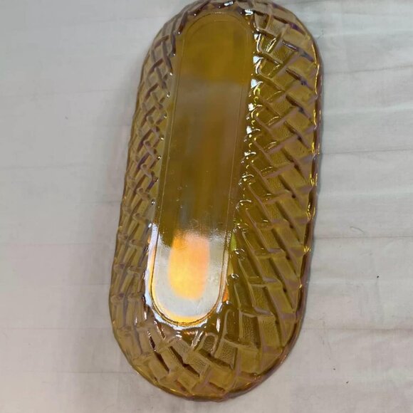 VTG MARIGOLD CARNIVAL GLASS LONG OVAL DISH IRIDESCENT GOLD AMBER Read Descriptio - Picture 4 of 9